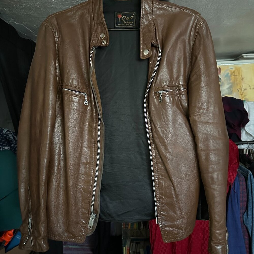 Brown Vintage Leather Racer Moto "Reed Sportswear" Jacket Mens Large (Unisex)